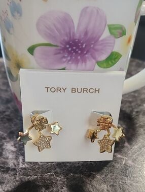 Tory Burch Gold Star Dangle Earrings with Pearl-Tone Stars